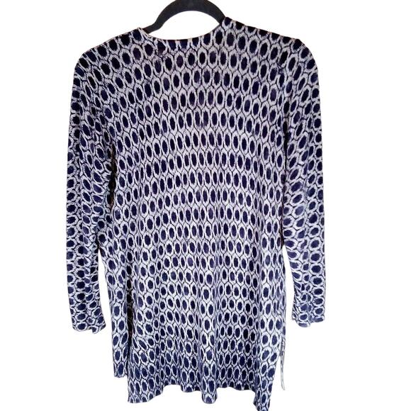 Loft Top Women Medium Tie Neck Cotton Knit Blouse Side Slits Blue White Tunic - Picture 6 of 11